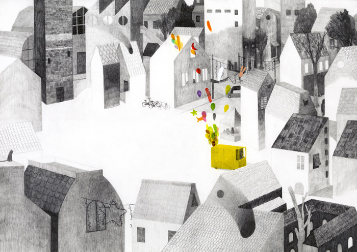 Illustration by Simone Rea – from 'L'uomo dei palloncini / The balloon man' (written by Giovanna Zoboli)