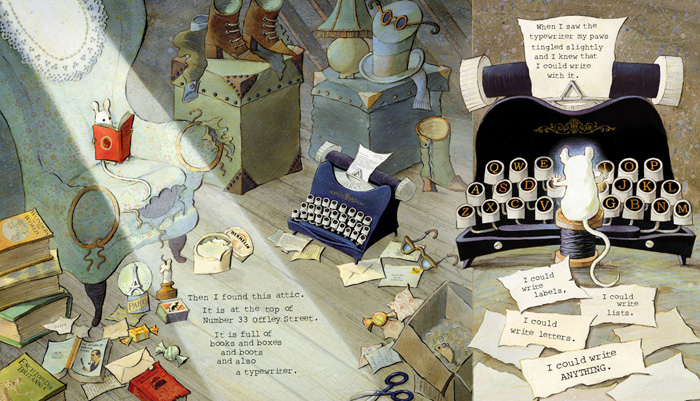 Spread from 'Hermelin: The Detective Mouse' by Mini Grey