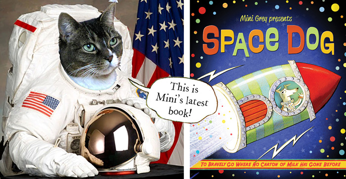 Mini Grey's cat, Bonzetta, and her picturebook, 'Space Dog'