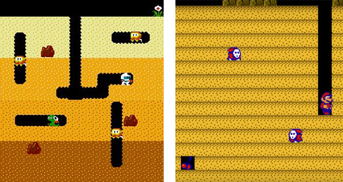 Screenshots from 'Dig Dug' and 'Super Mario Bros. 2'