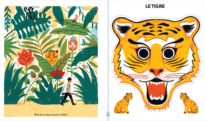 Spread from 'Dans la forêt des masques / In the forest of masks' by Laurent Moreau – published by Hélium éditions