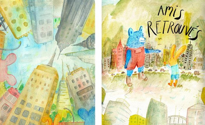 First and final cover illustrations for 'Amis Retrouvés / Found Friends' by Cristina Sitja Rubio – published by Editions Les Fourmis Rouges, France