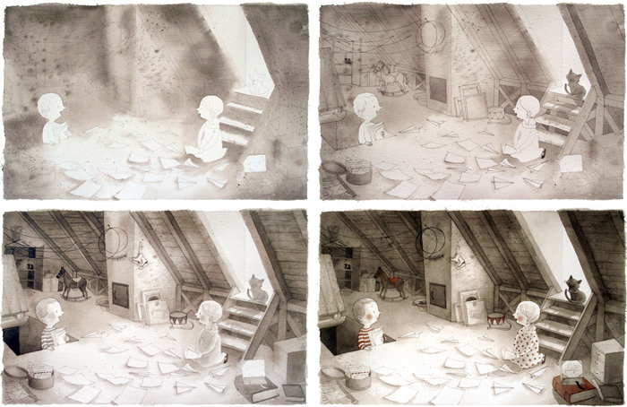 Work in progress for ‘Deček in Hiša / A Boy and a House’ by Maja Kastelic – published by Mladinska knjiga, Slovenia