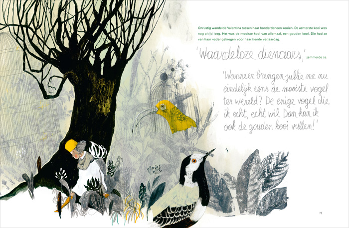 Spread from ‘De Gouden Kooi / The Golden Cage’ – by Anna Castagnoli and Carll Cneut – published De Eenhoorn, Belgium