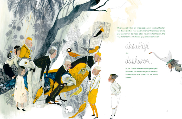 Spread from ‘De Gouden Kooi / The Golden Cage’ – by Anna Castagnoli and Carll Cneut – published De Eenhoorn, Belgium