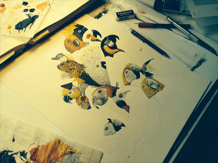 Work in progress by Carll Cneut for ‘De Gouden Kooi / The Golden Cage’ – written by Anna Castagnoli and published De Eenhoorn, Belgium