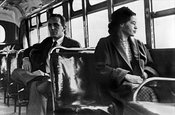 Rosa Parks on a Montgomery bus on December 21, 1956, the day Montgomery’s public transportation system was legally integrated