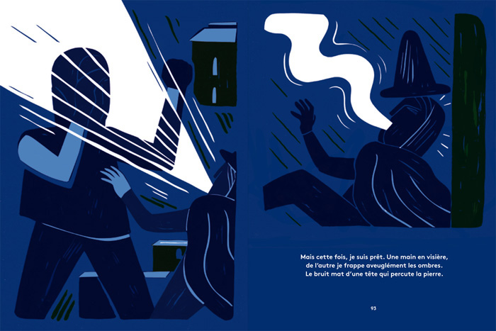 Spread from ‘Le veilleur de nuit / The Night Watchman’ – written by Jean-Baptiste Labrune and illustrated by Jérémie Fischer – published by Éditions Magnani, France
