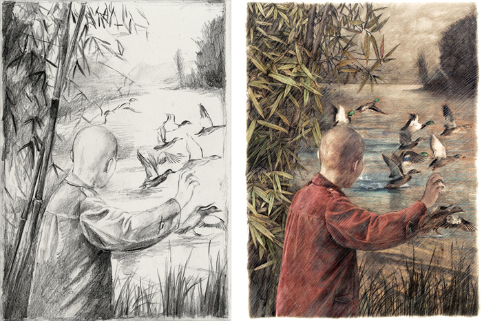 Sketch and final illustration by Sonja Danowski from ‘The Grass House’ – written by Cao Wenxuan and published by CCPPG, China