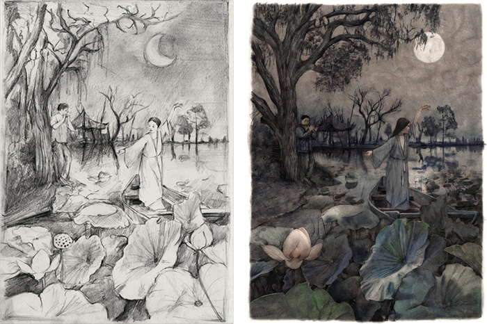 Sketch and final illustration by Sonja Danowski from ‘The Grass House’ – written by Cao Wenxuan and published by CCPPG, China